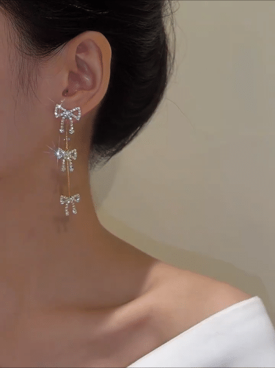 Diamond Bow Tassel Earrings