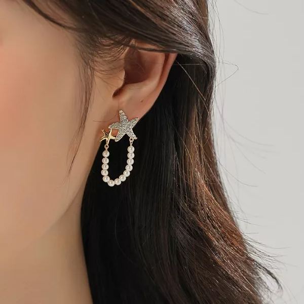 Diamond Starfish Pearl Earrings