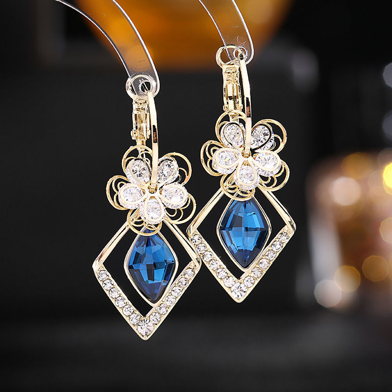 LAST DAY 70% OFF - Flower Zircon Rhombic Sapphire Drop Earrings(Buy 2 Free Shipping)