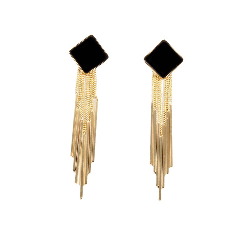 Black Gem Gold Tassel Earrings