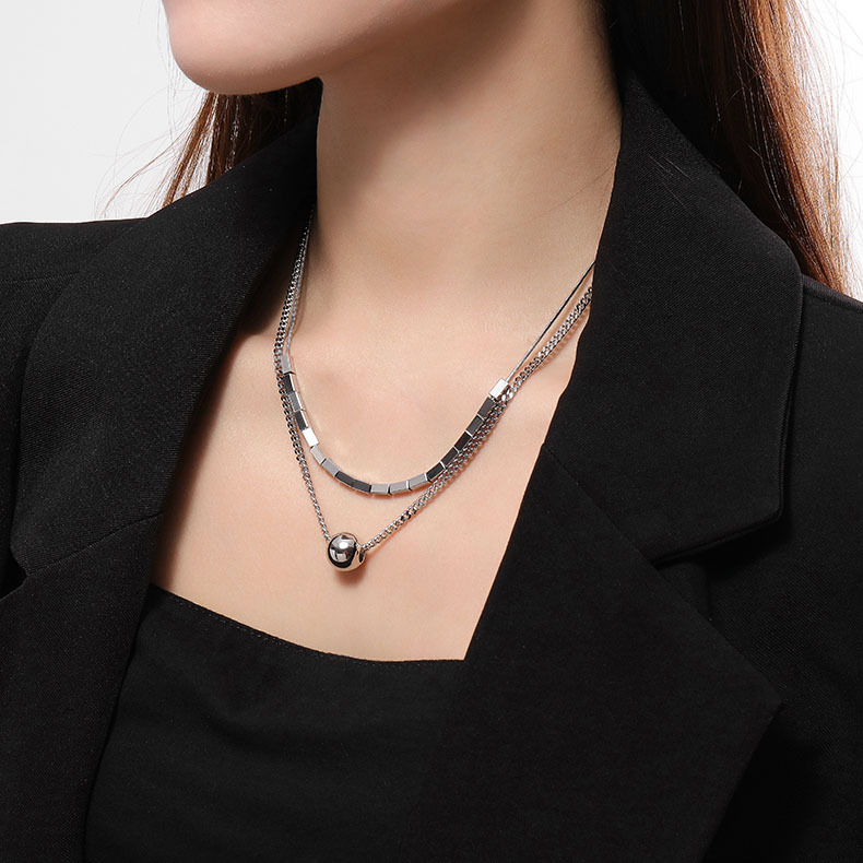 S925 Sterling Silver Trend Ball Double Layer Necklace