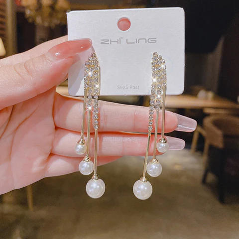 Fashion Diamond Tassel Pearl Earrings