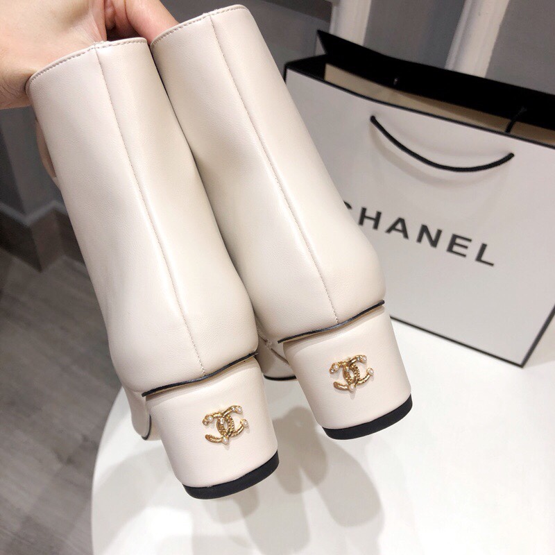 Chanel autumn&winter pearl chunky heel short ankle boots with bow-knots