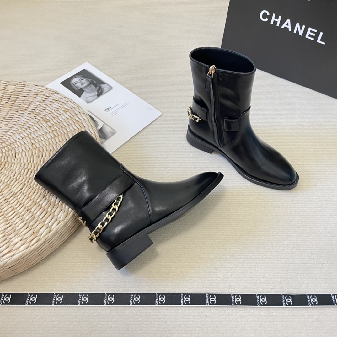 Chanel metal chain side zipper mid-calf boots 