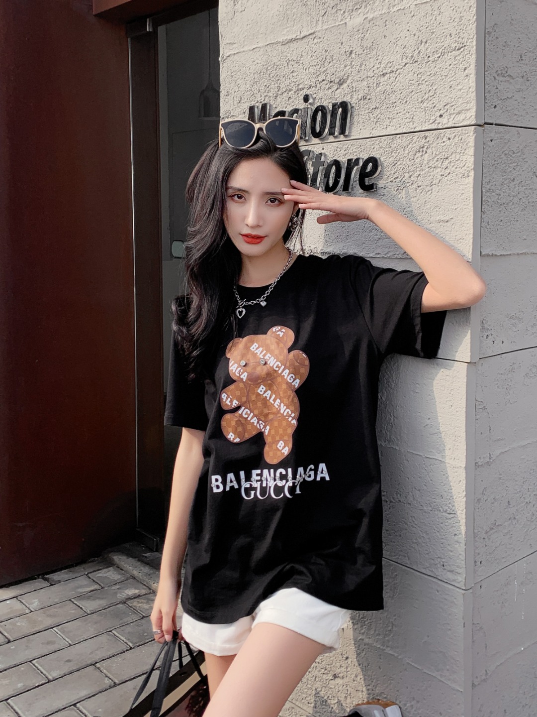 【Low price promotion】Balenciaga X Gucci Co-logo Bear print short sleeve T shirt