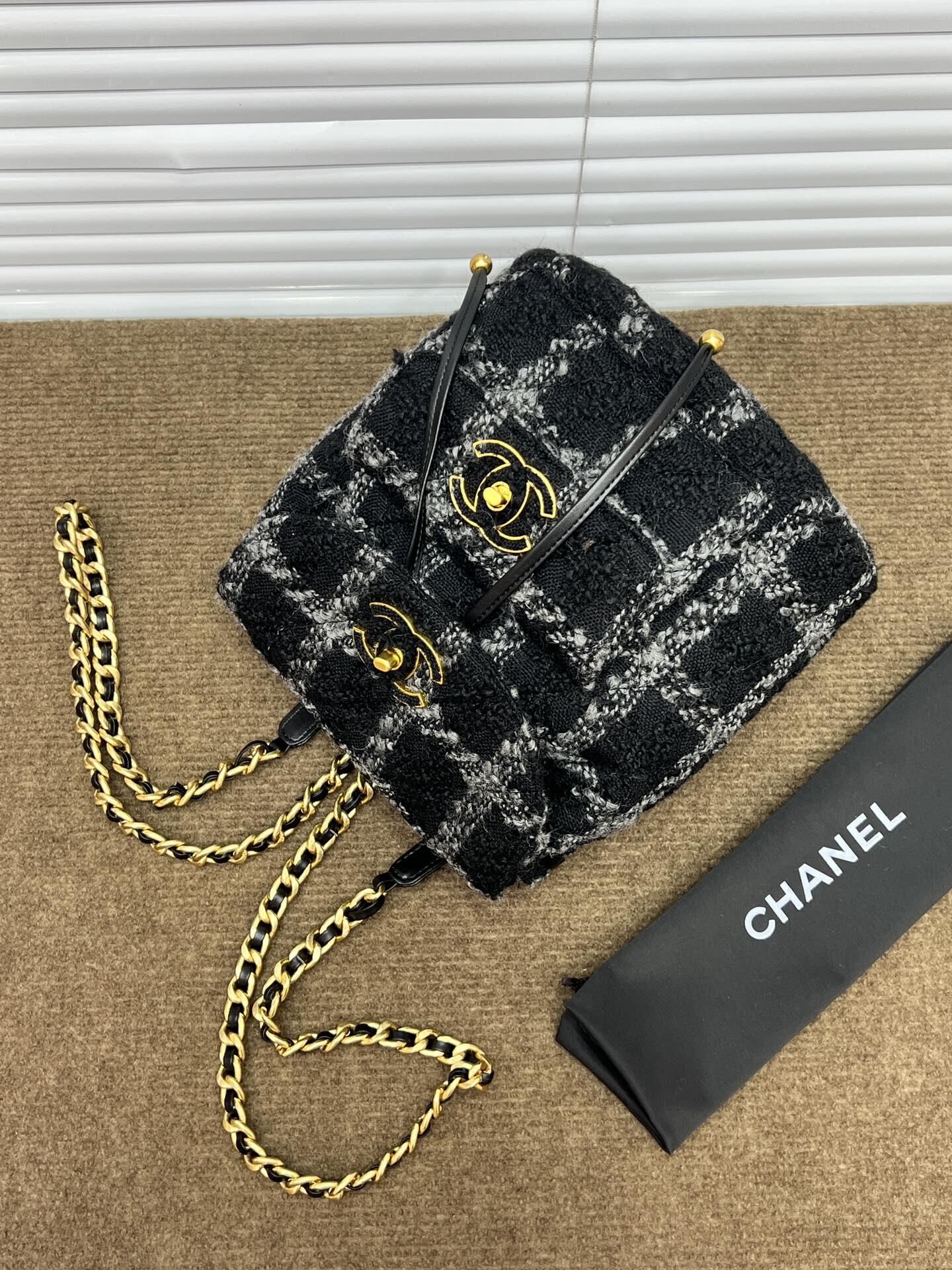 Chanel 22k black grey tweed Duma backpack