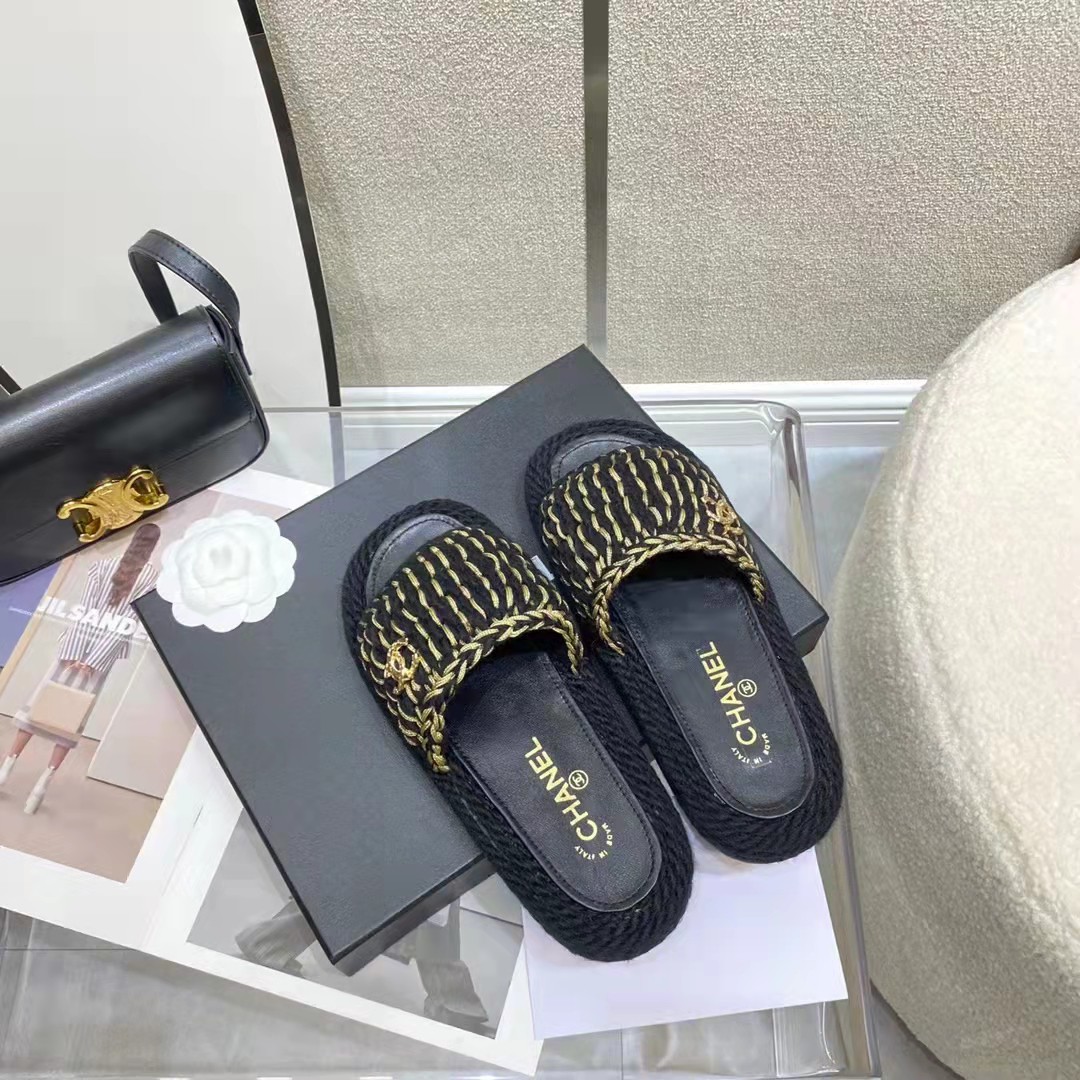 Chanel Linen Woven Platform Slipper Sandals