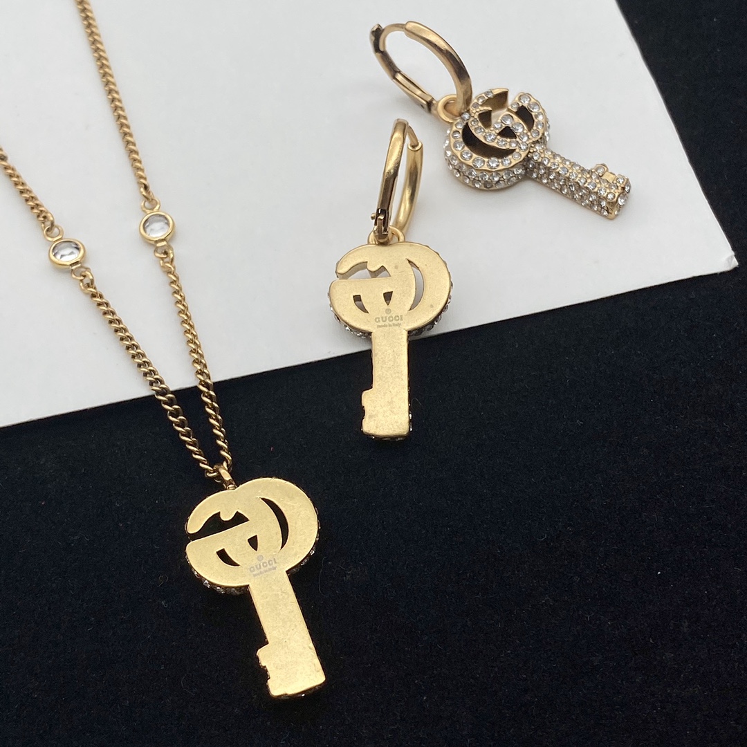 Gucci Crystal Double G Key Necklace Earrings