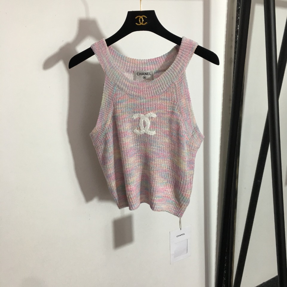 Chanel color mixed letter embroidery knitted crop top vest