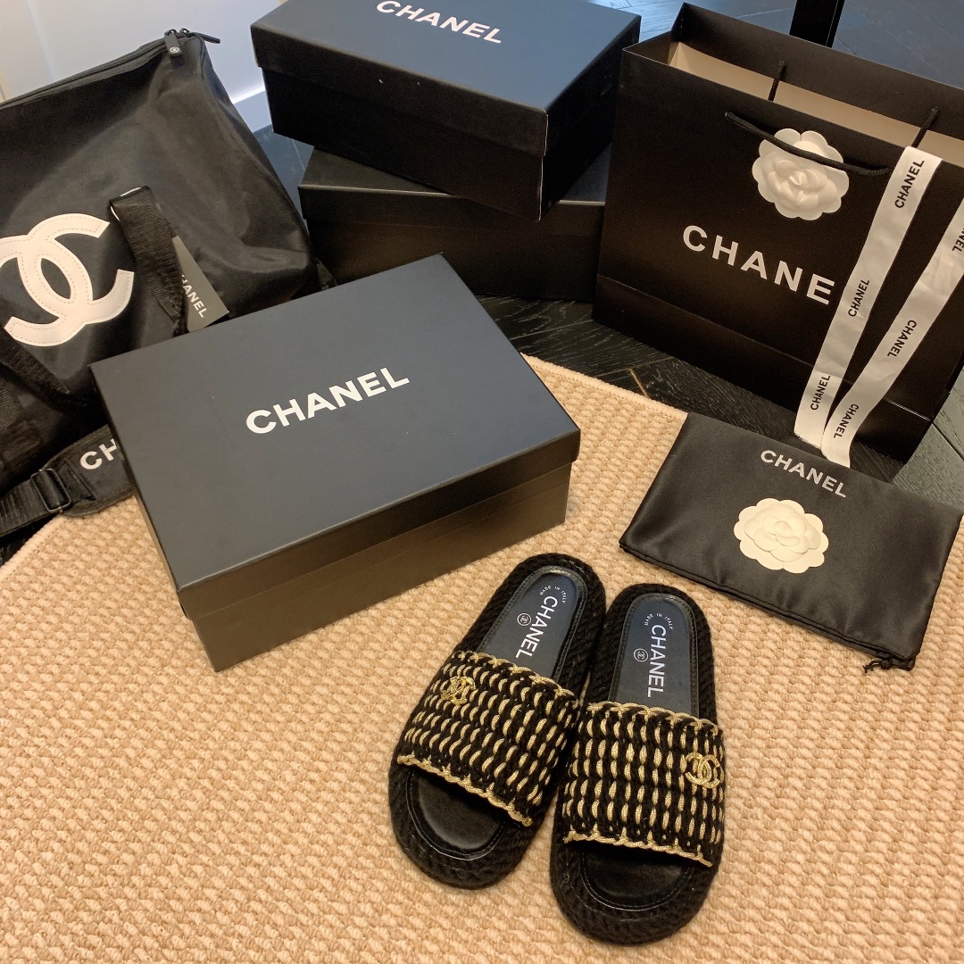chanel Linen woven thick soled slippers