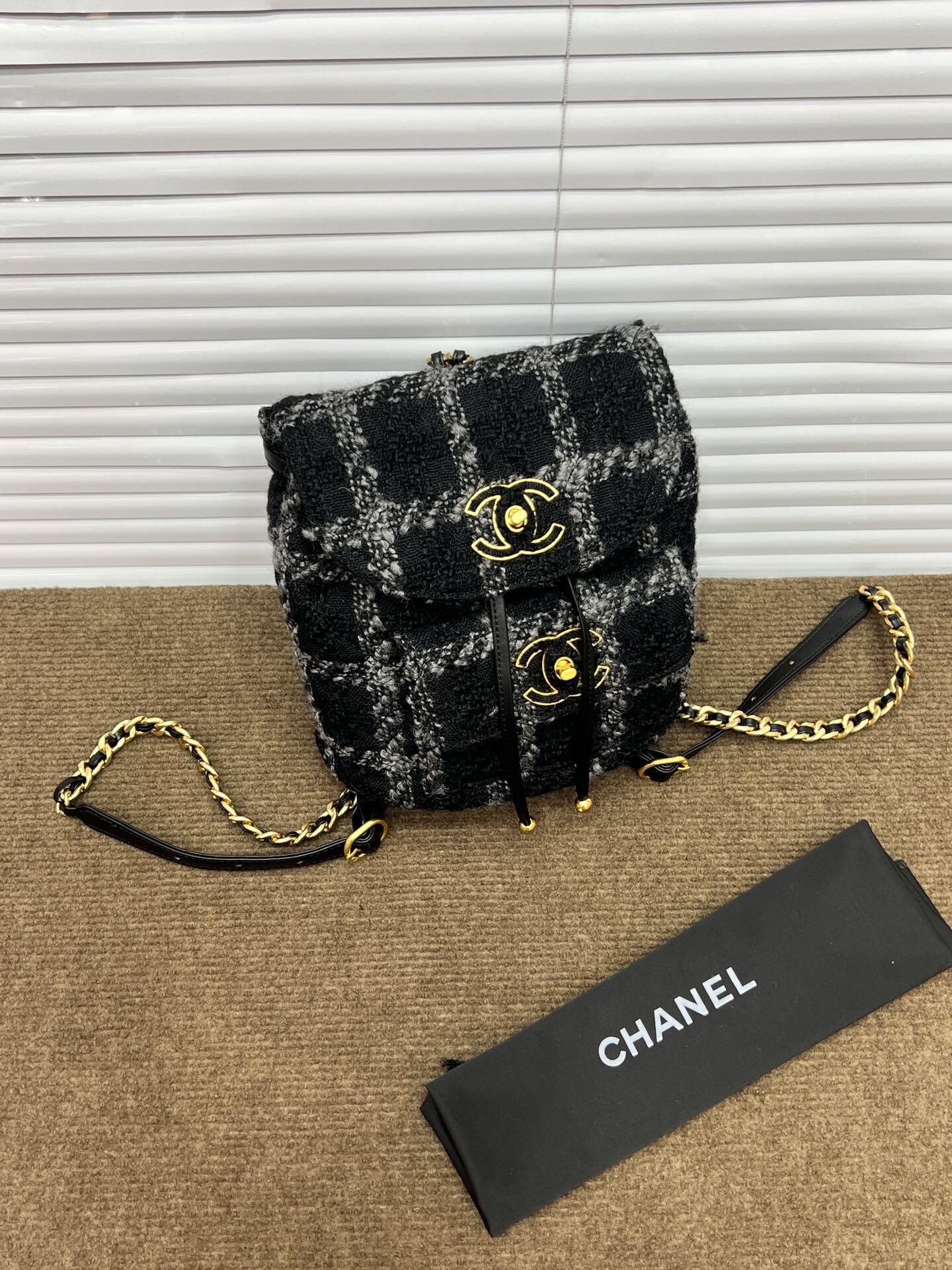 Chanel  22k black grey tweed Duma backpack