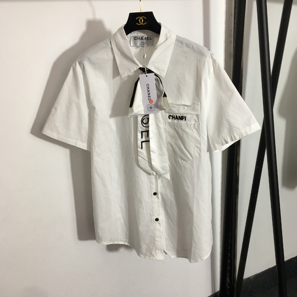 Chanel Bow embroidery turn down collar short sleeve shirt