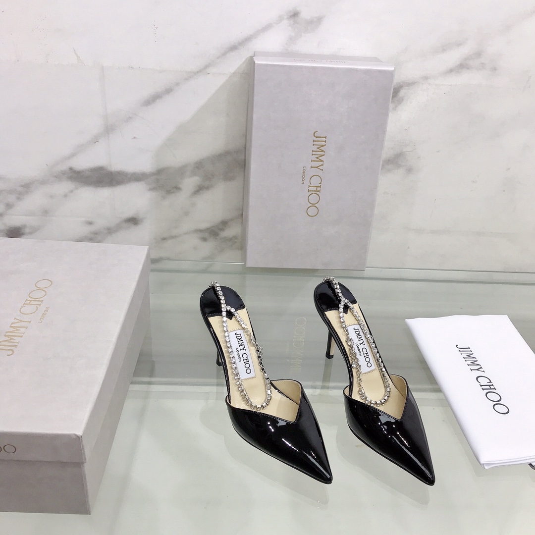 JIMMY CHOO patent leather and crystal chain pumps