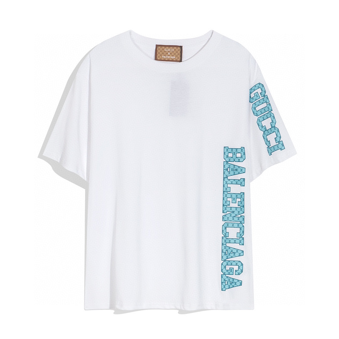 Gucci & Balenciaga Cotton Breathable Blue Logo Printed Fashion Unisex T-shirt