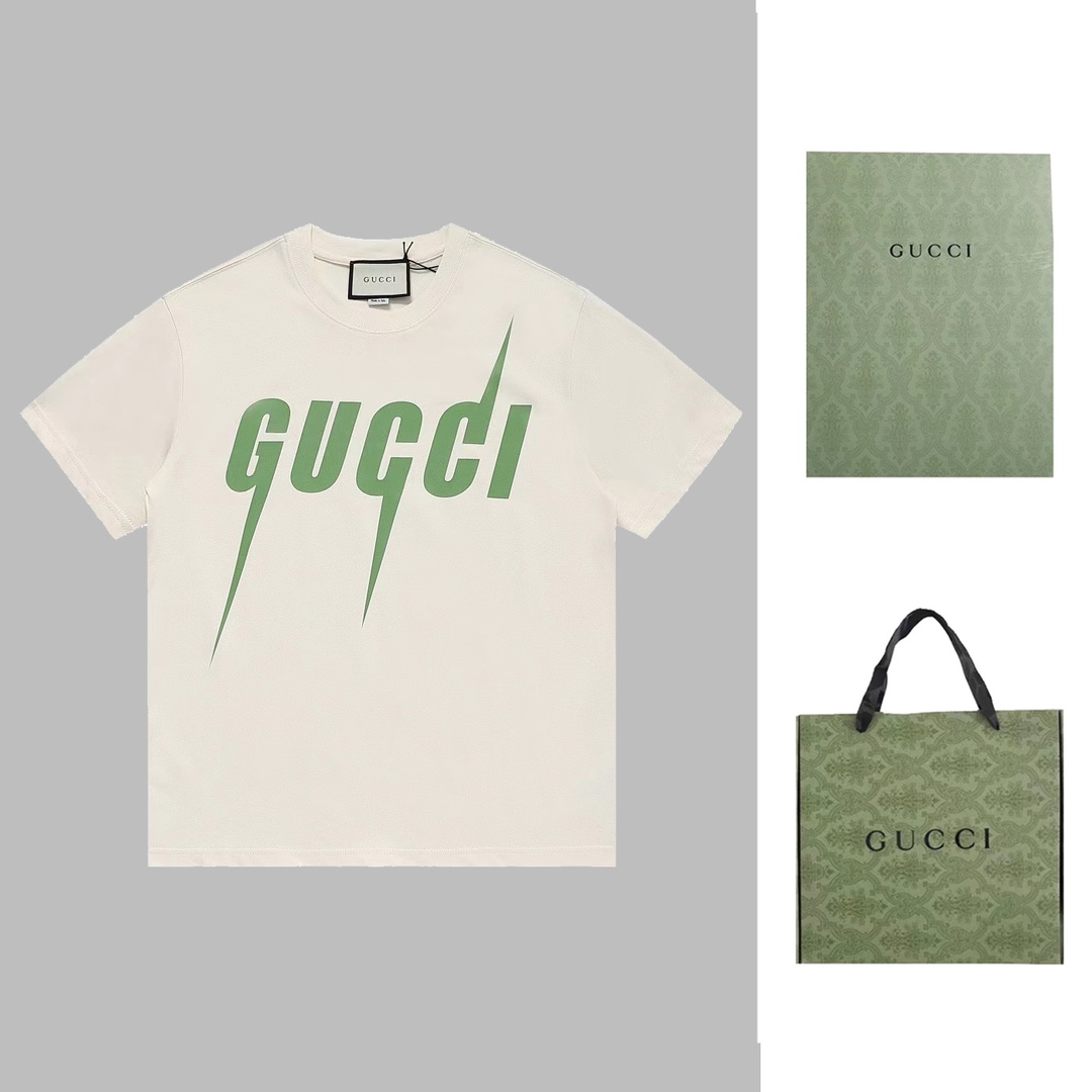 Gucci Summer Ligntning Big Green Logo Printed Unisex Fashion T-shirt