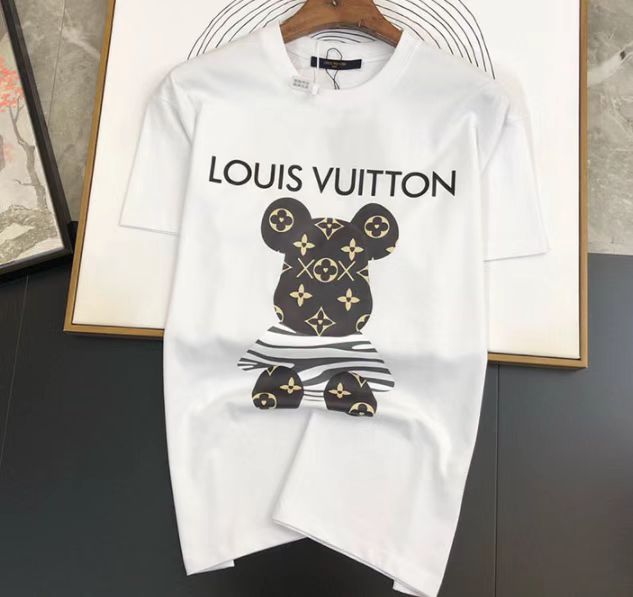 Louis Vuitton Cute Bear Printed Summer Unisex Round Collar Classic T-shirt