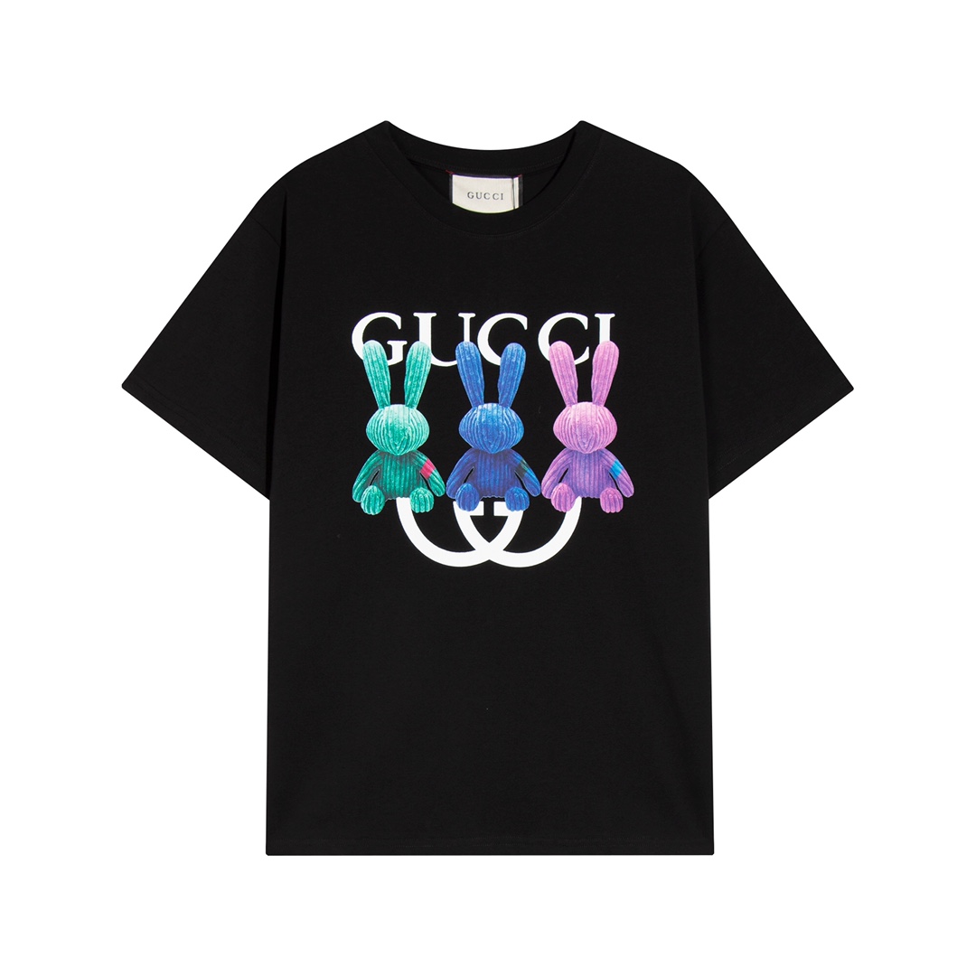 Gucci Summer Three Cute Rabbit Printed Round Collar Unisex Cotton Breathable T-shirt