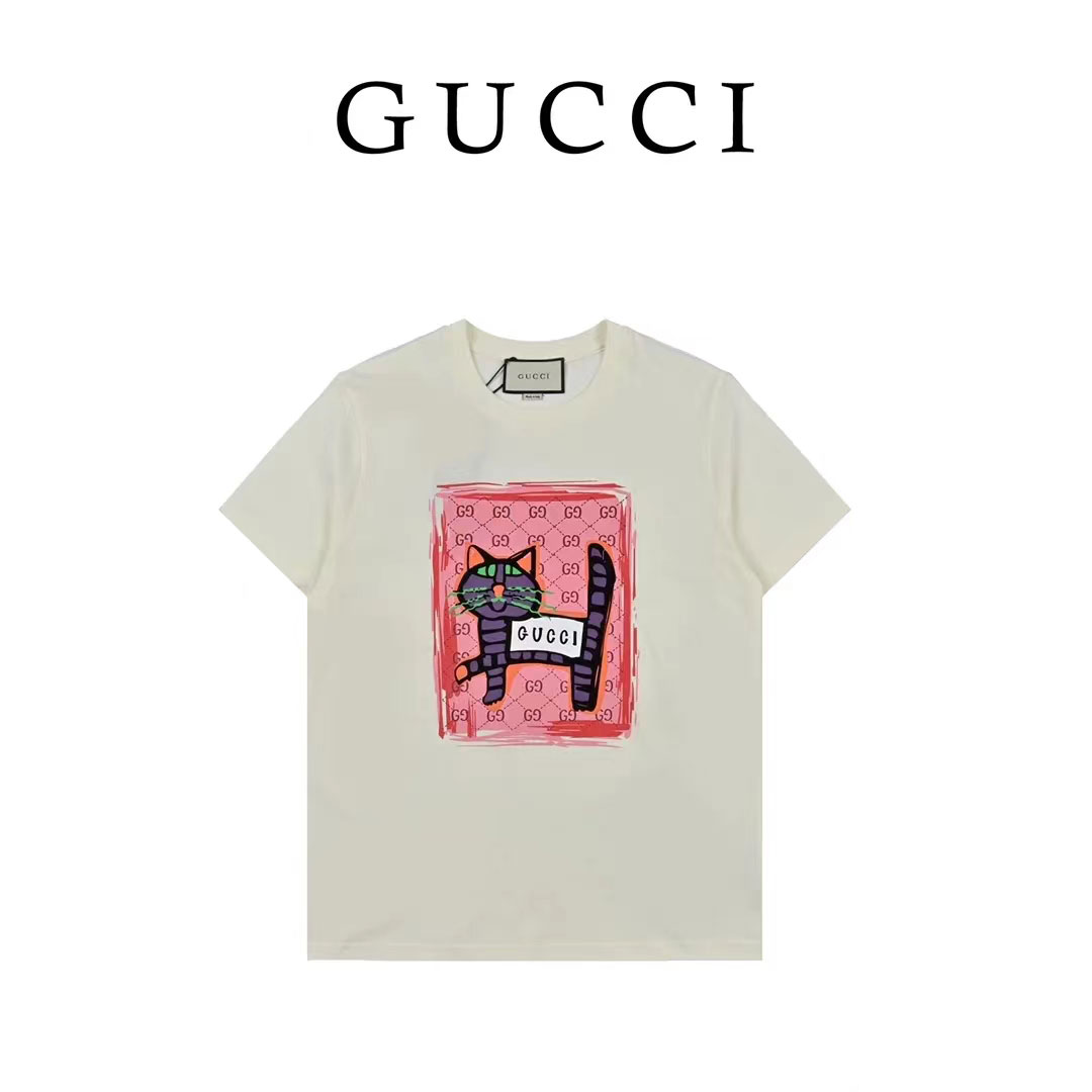Gucci 2023 Summer Round Collar Cotton 100 Percent Breathable Cute Cat Printed Unisex Fashion T-Shirt