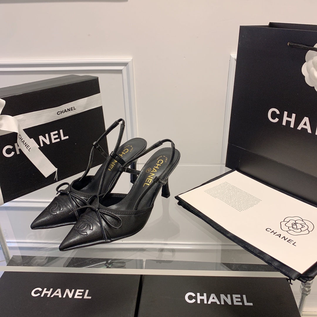 Chanel pointy bow kitten heel sandals