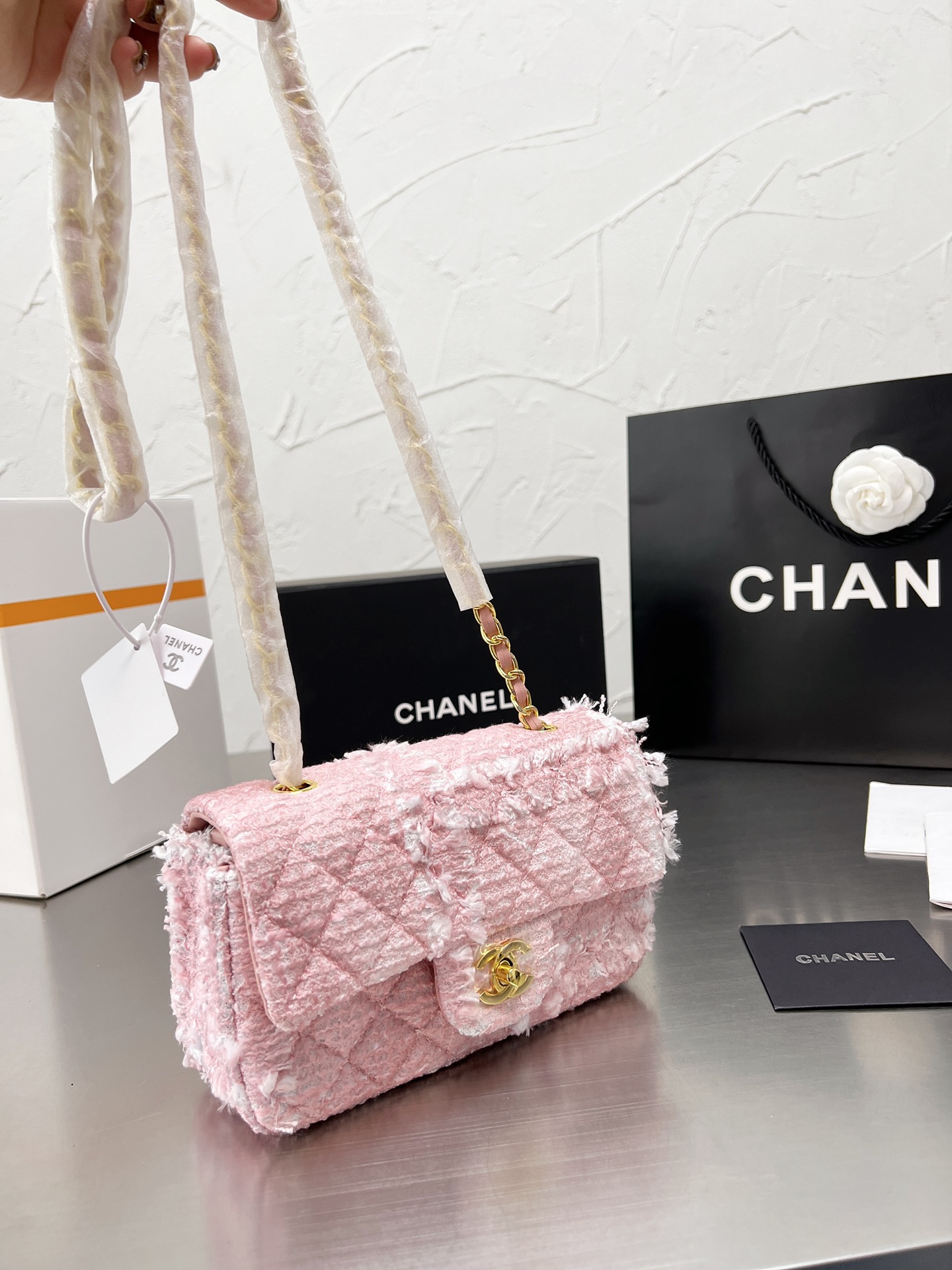 chanel handbags woolen pink shoulder bags