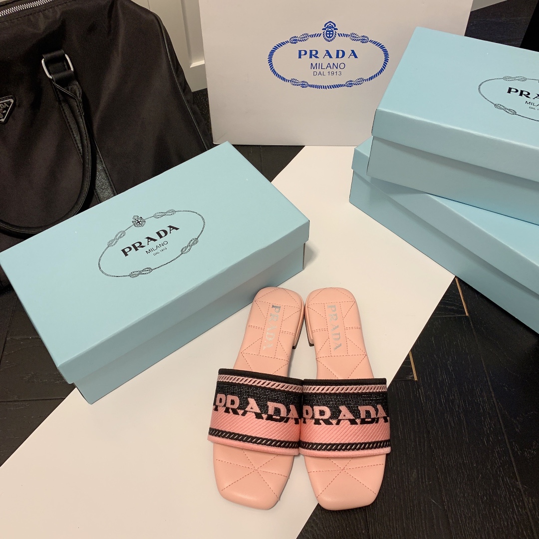 Prada Embroidered Letter Flat Slippers