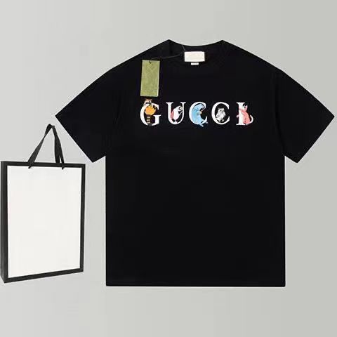 Gucci 2023 Summer Alphabet Cute Animals Printed Cotton Breathable Unisex T-shirt
