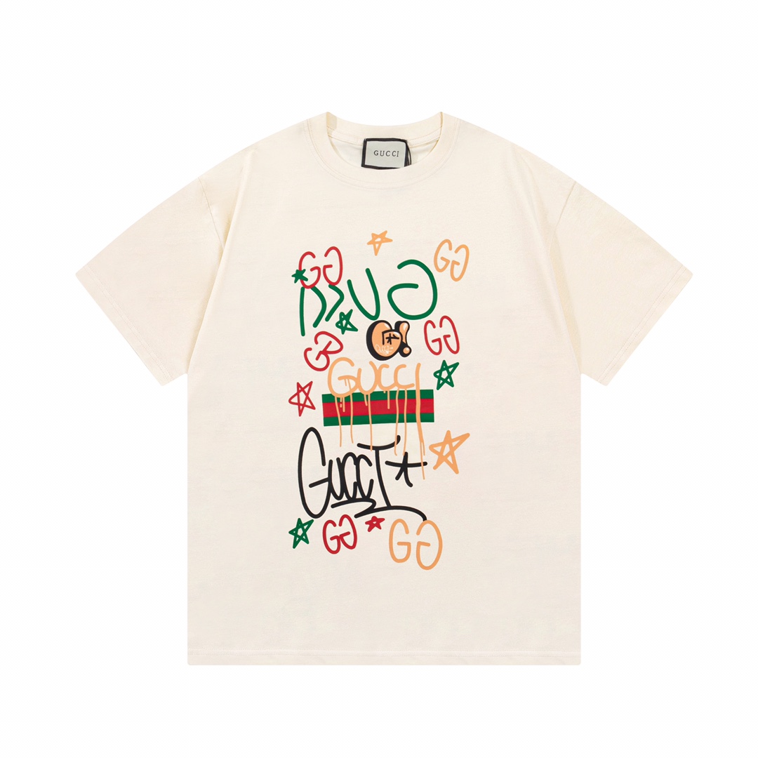Gucci Summer New Design Graffiti Printed Classic Cotton Soft Unisex Short Sleeve