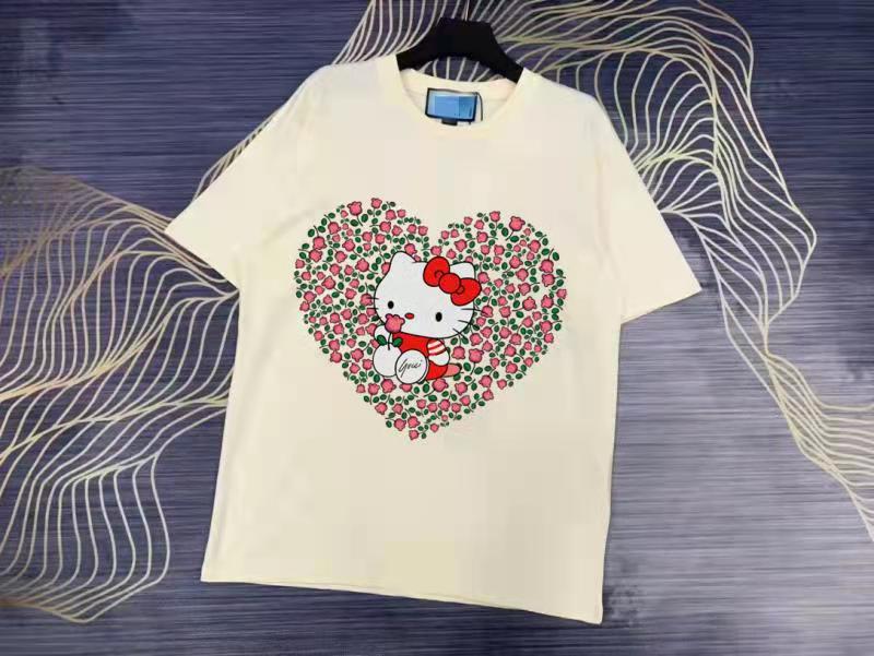 Gucci Summer Heart Shape Hello Kitty Printed Cotton Breathable Unisex Short Sleeve