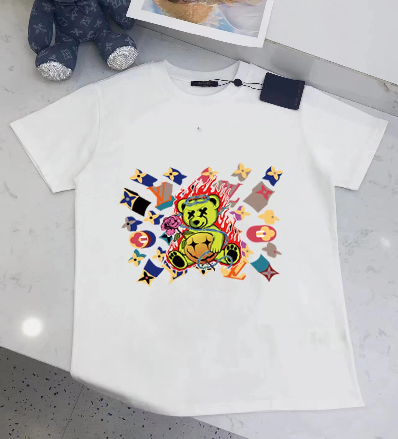 Louis Vuitton Bear Printed Unisex Fashion T-shirt Cotton 100 Percent
