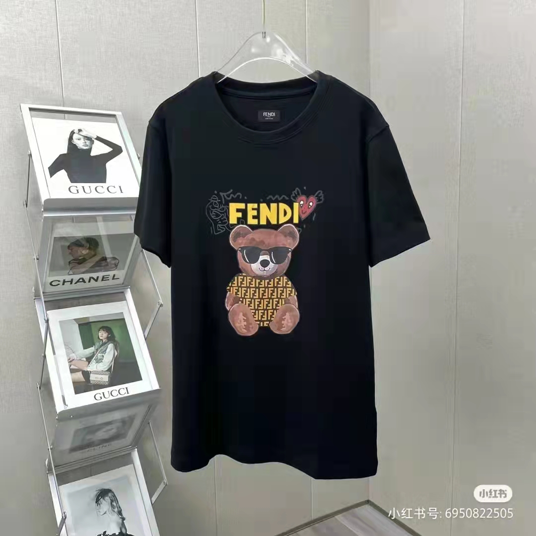 Fendi 2023 Summer Cute Bear Printed Unisex T-shirt Cotton 100 Percent