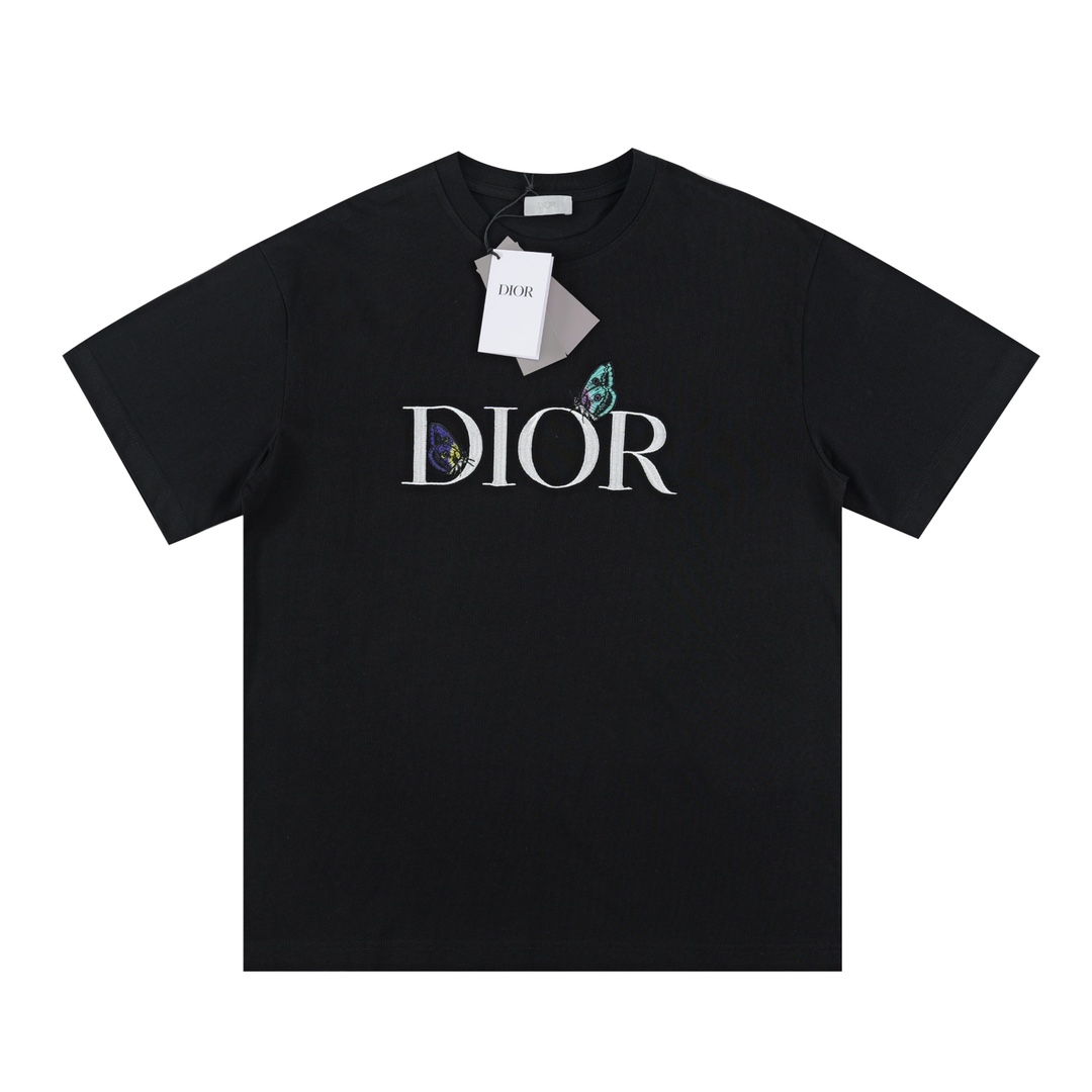 Dior Butterfly Letter Embroidered Round Neck Short Sleeve Unisex T-shirt