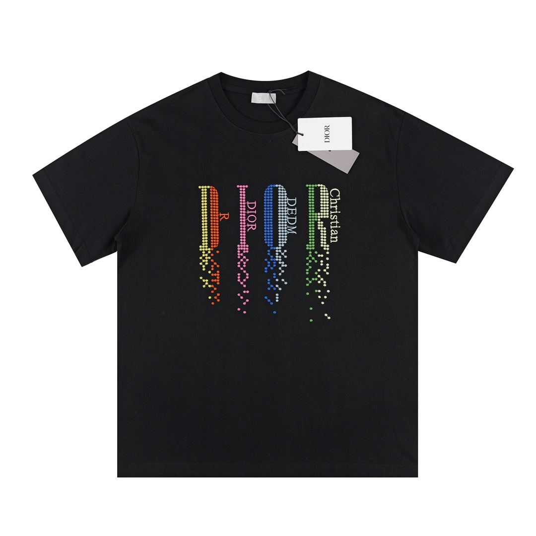 Dior Colorful Embroidery Round Neck Short Sleeve Unisex T-shirt