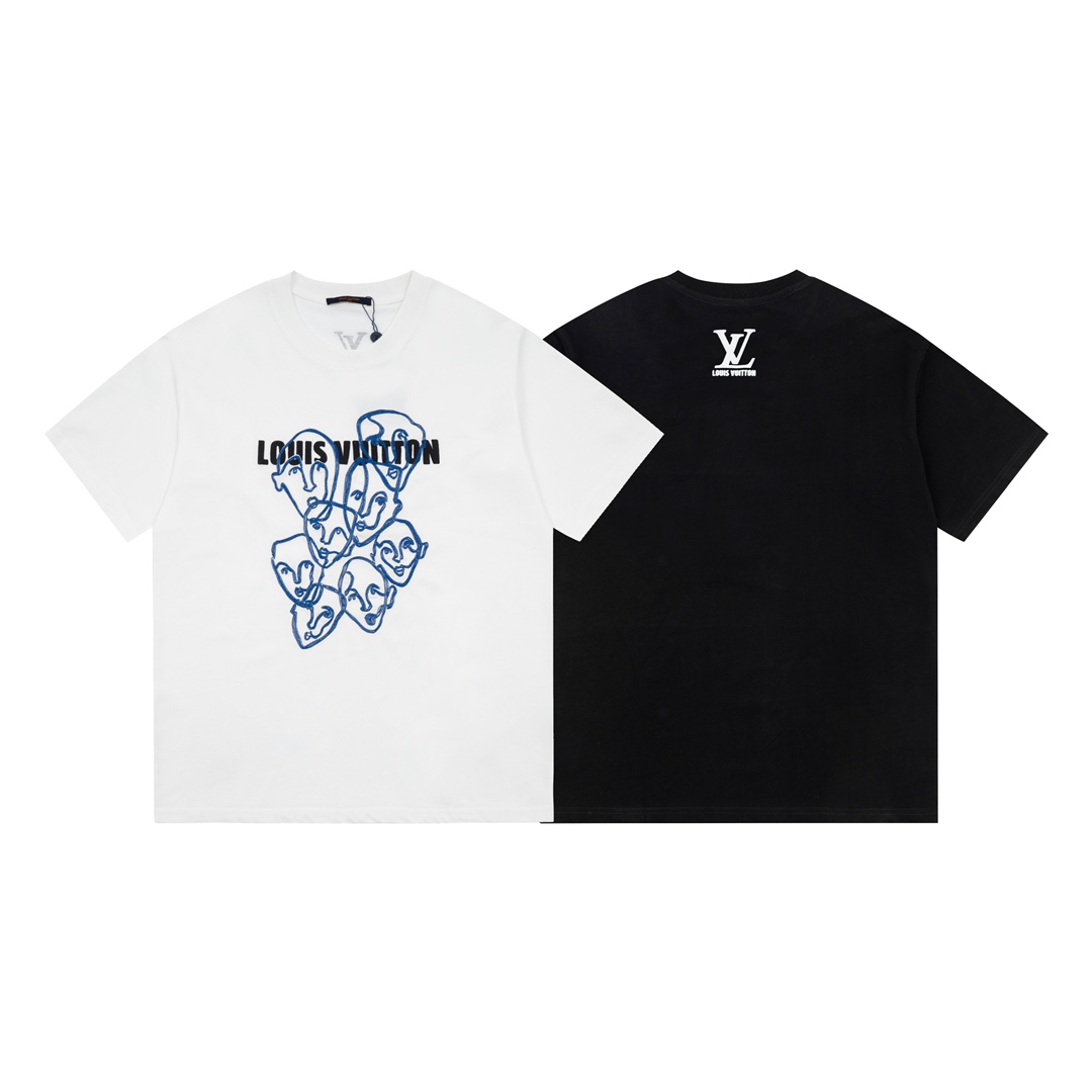 LV embroidered printed short sleeved unisex T-shirt blue/white