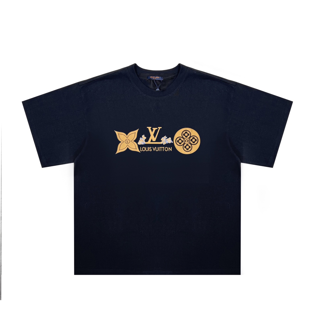 Louis Vuitton Golden Logo Embroidered Unisex Stylish T-shirt