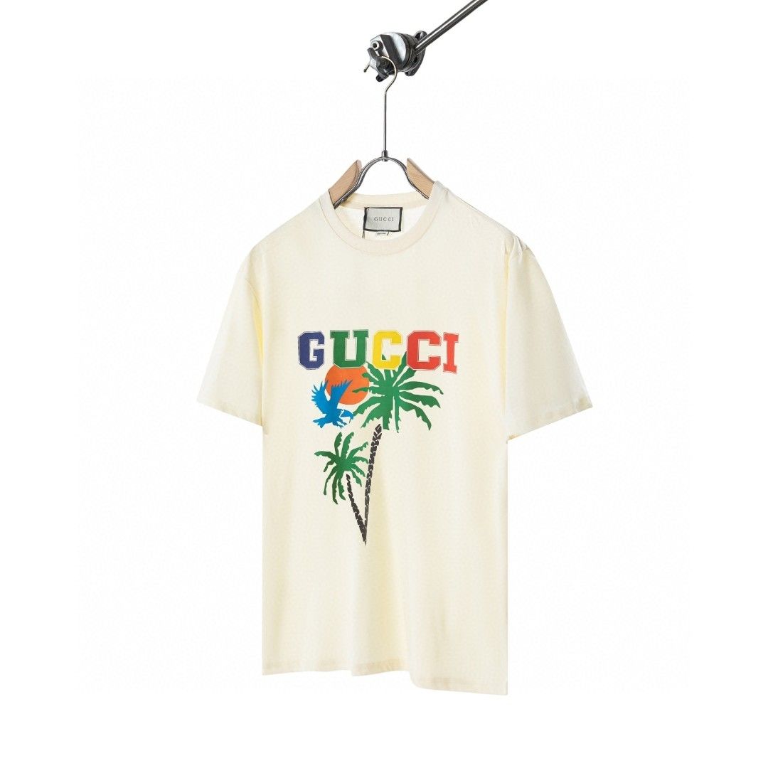 Gucci Palm Tree Embroidered Unisex Fashion Short Sleeve