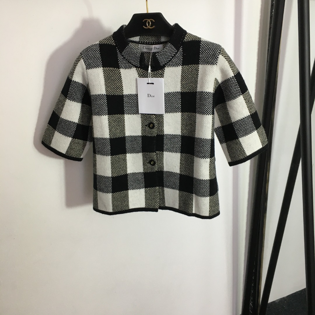 Dior Contrast Plaid Wool Knitted Cardigan