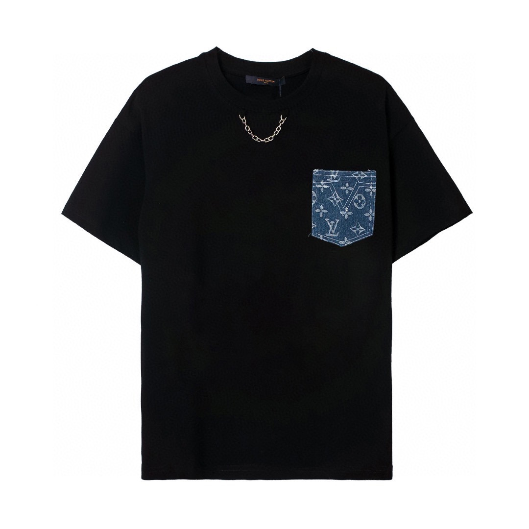 LV Louis Vuitton High Quality Denim Sticker Chain Style Round Neck T-shirt