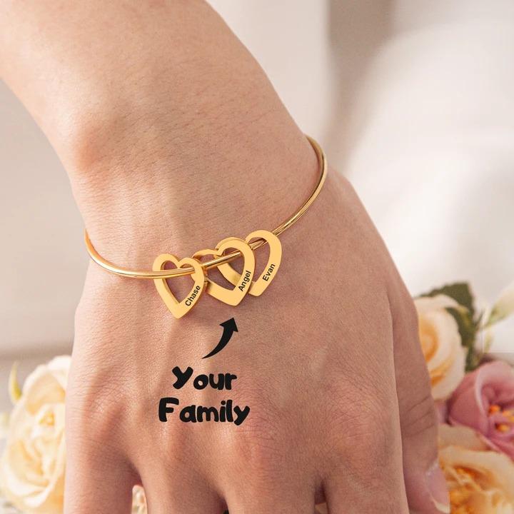 Family Bangle Bracelet with Heart Shape Pendants