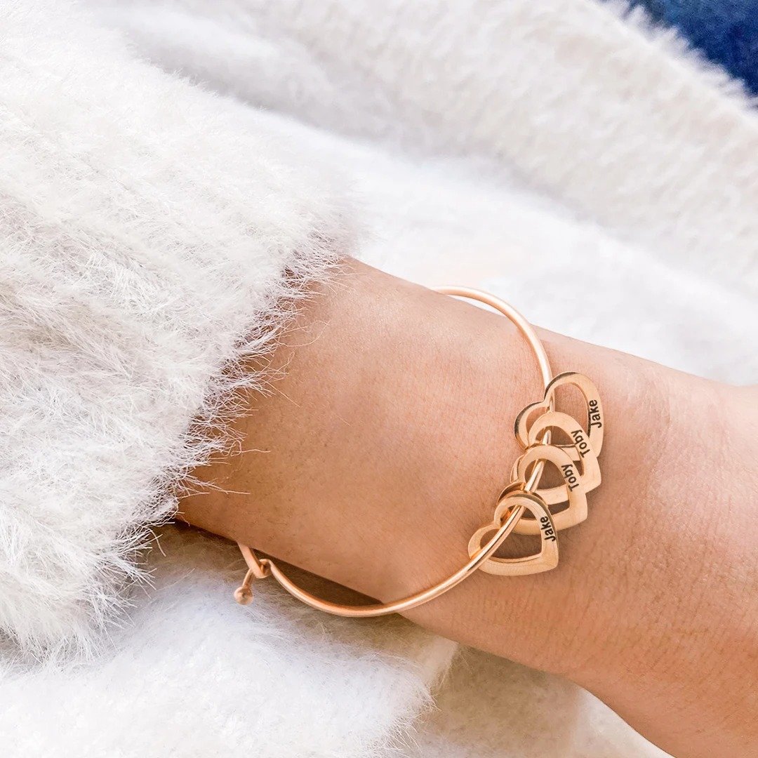Family Bangle Bracelet with Heart Shape Pendants