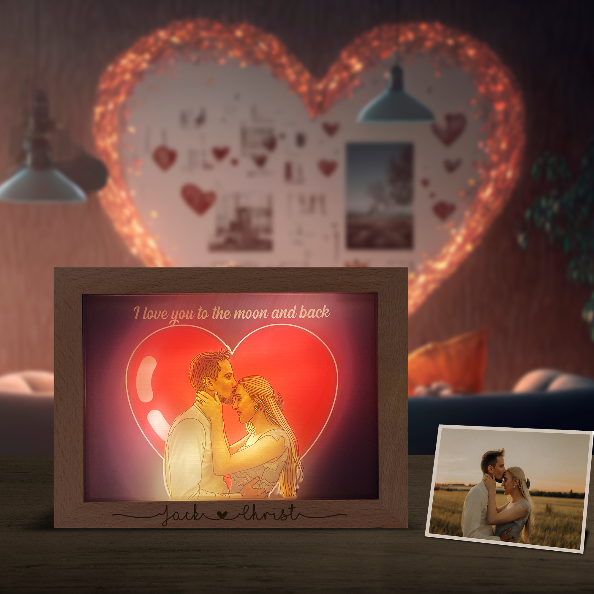 Personalized Light Up Picture Frame with Photo Custom Couple Portrait Print Night Lamp