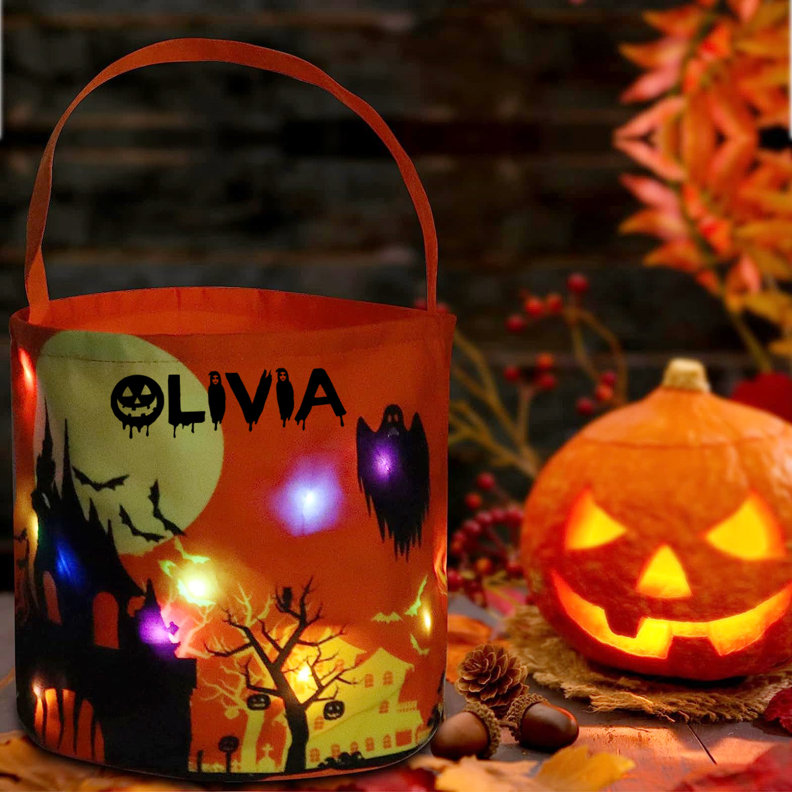 Personalized Halloween Bucket for Trick or Treat - LED Light Up