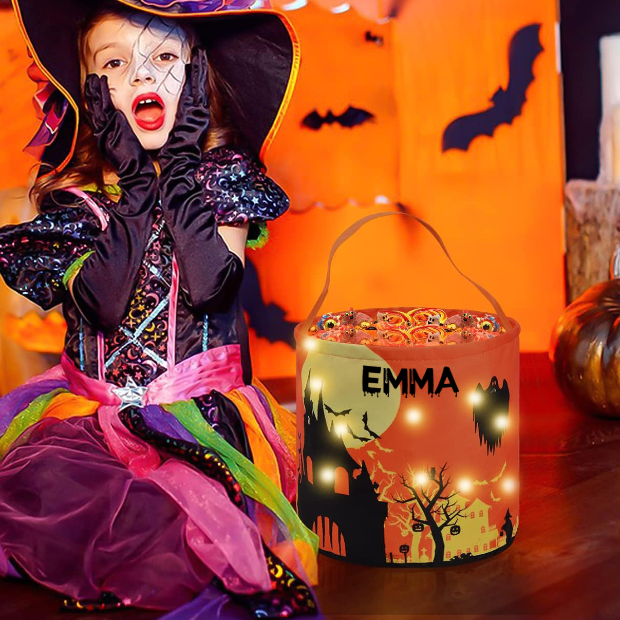 Personalized Halloween Bucket for Trick or Treat - LED Light Up