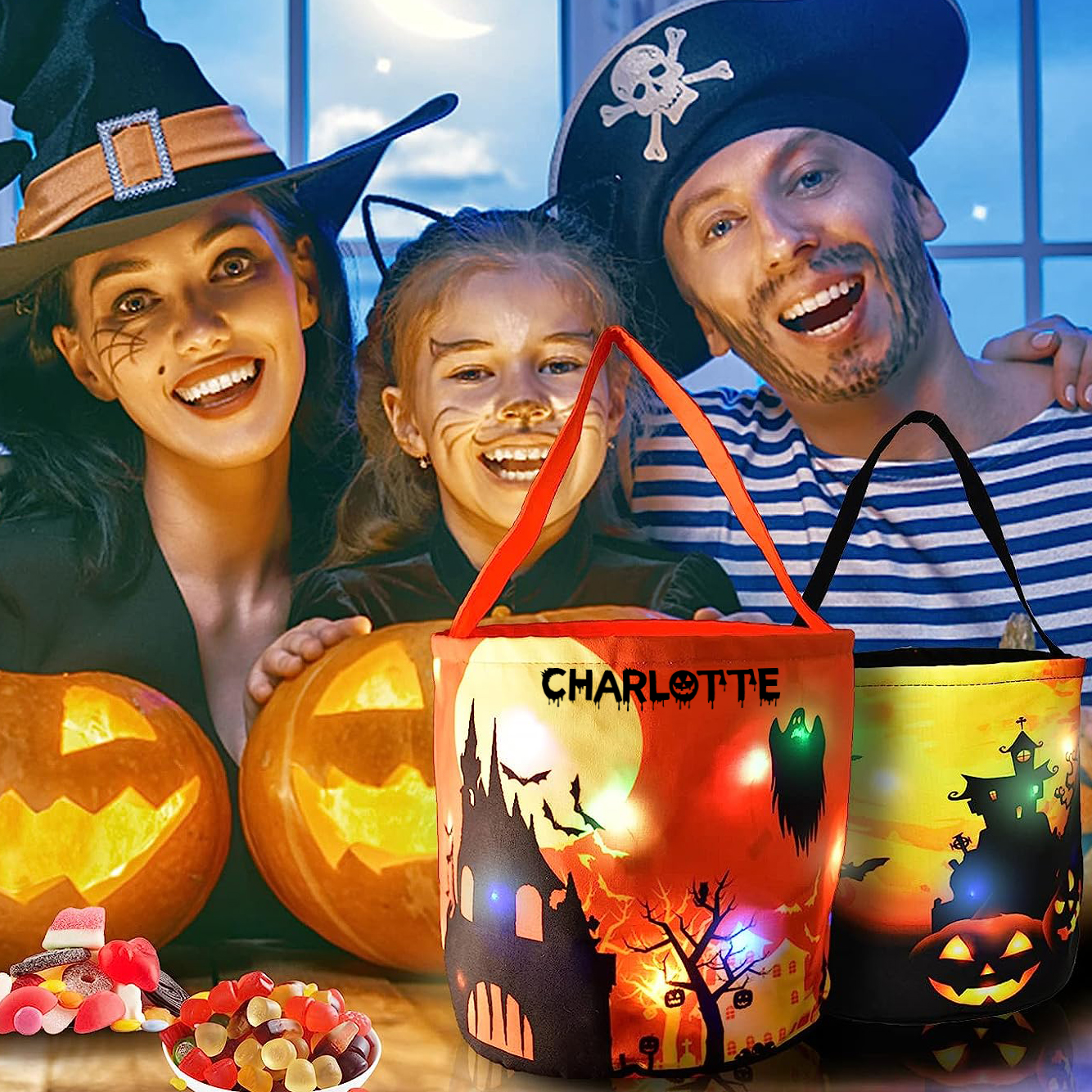 Personalized Halloween Bucket for Trick or Treat - LED Light Up