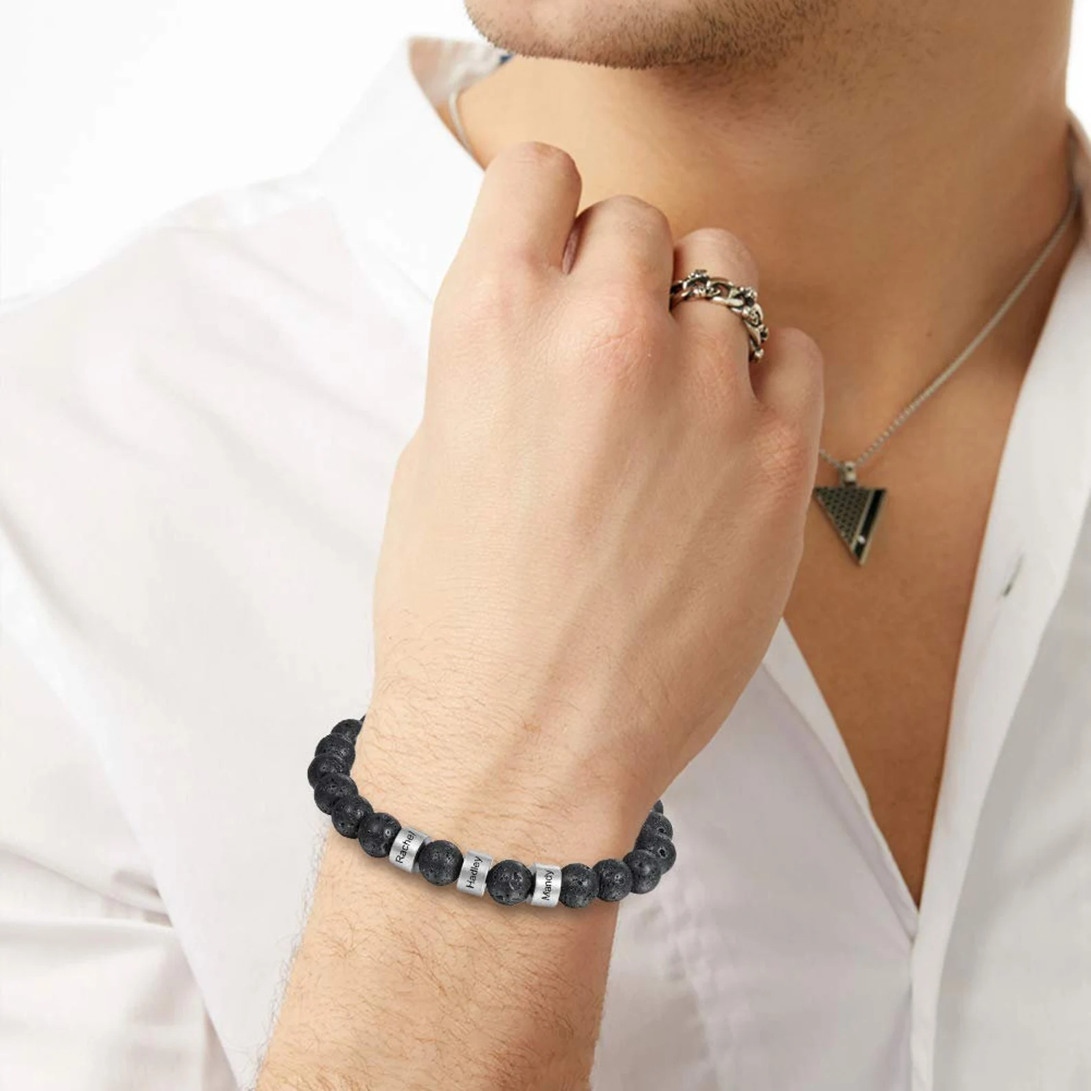 Personalized Mens Black Lava Beaded Bracelet 