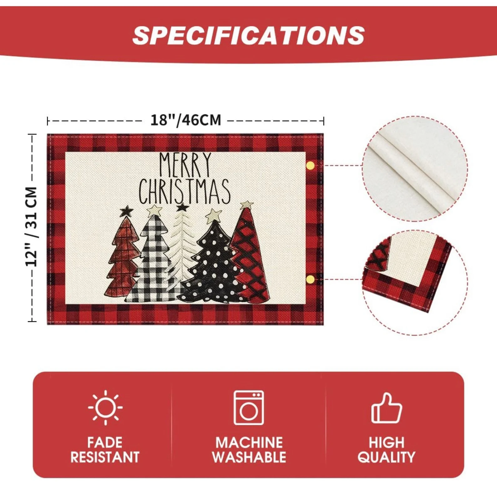 Buffalo Plaid Christmas Trees Placemats 12x18 Inch, Set of 4