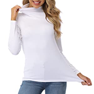 KLOTHO Women’s Slim Fitted Mock Turtleneck Tops Long Sleeve Lightweight Base Layer Shirts White-1, X-Large 