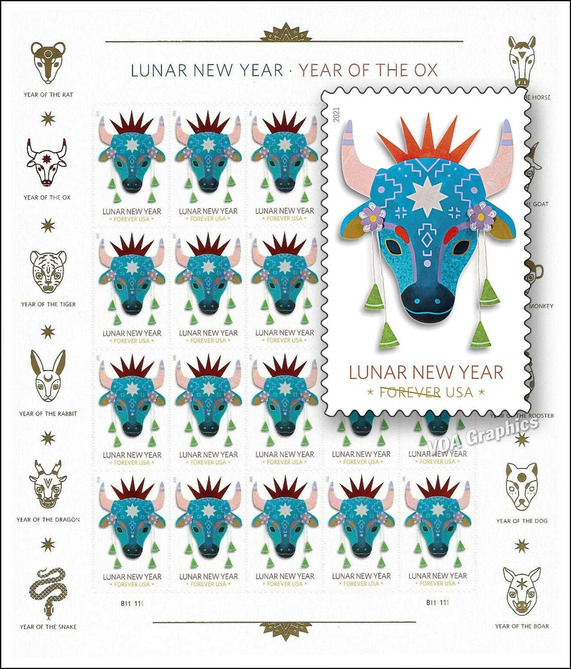 Lunar New Year: Year of the Ox Stamps, 20pcs/sheet