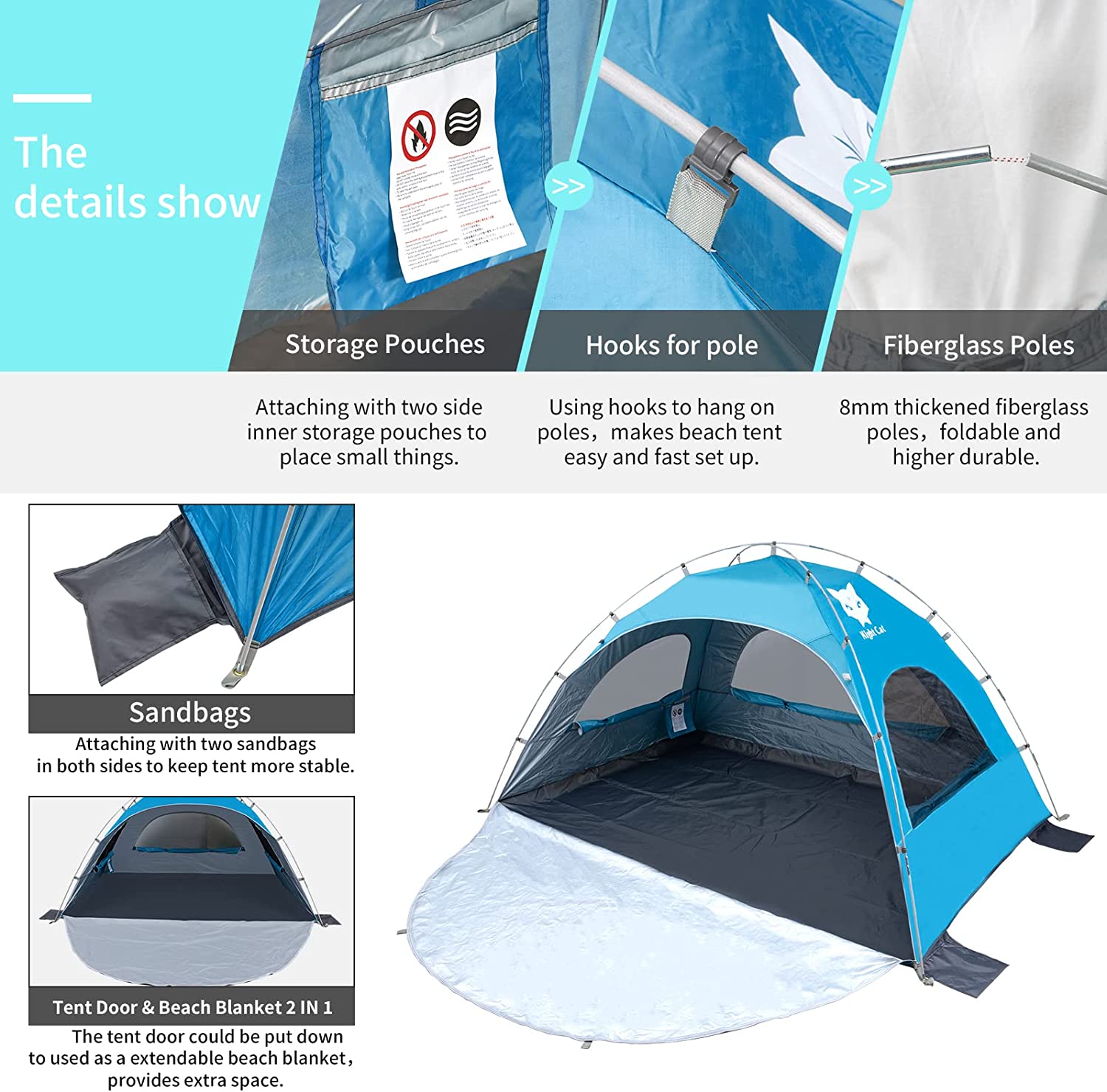 Night Cat Beach Tent Portable Camping Sun Shade Shelter for 2-4 