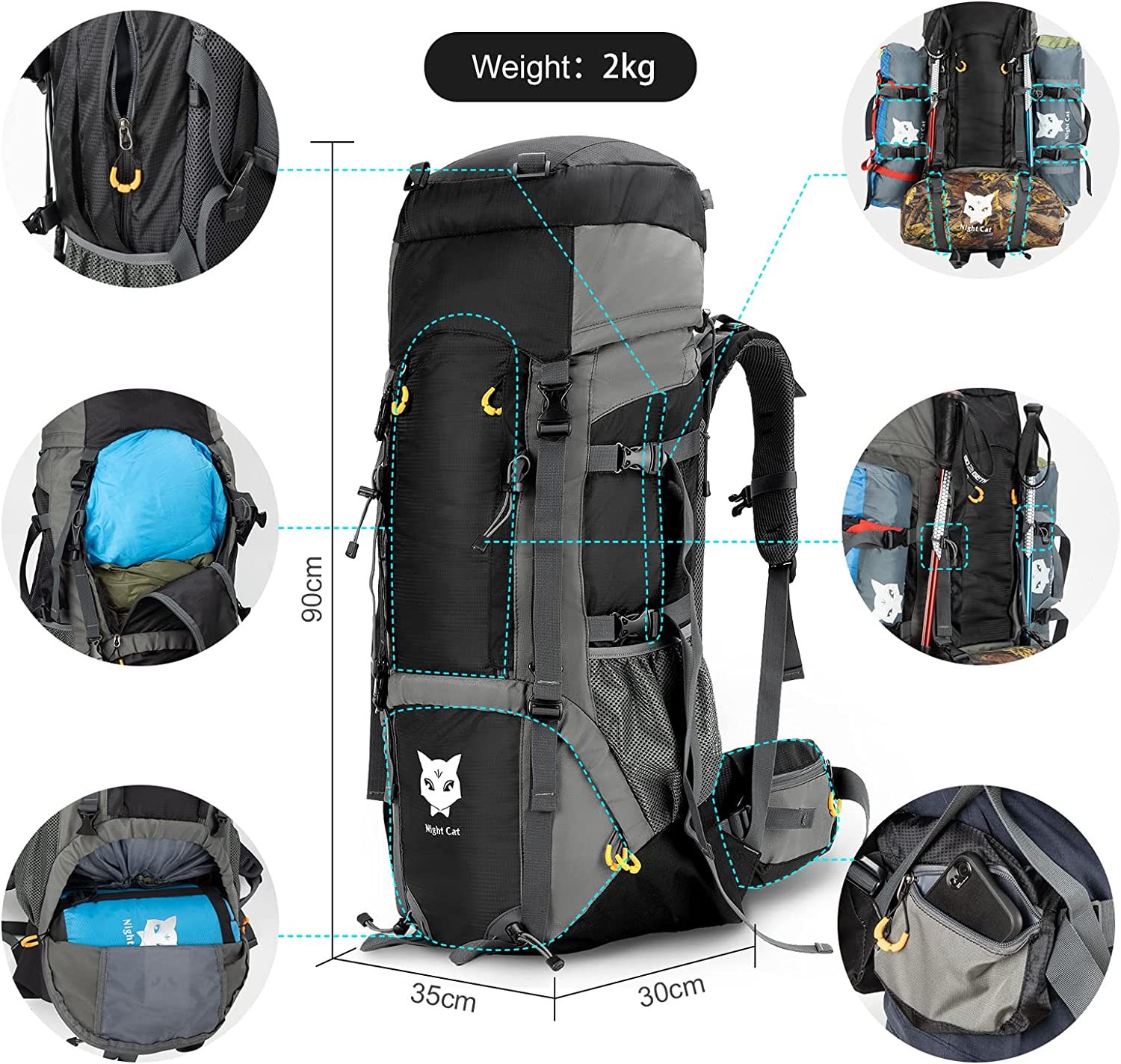 Night Cat Backpack 90L Hiking Lightweight Waterproof Rucksack Breathab