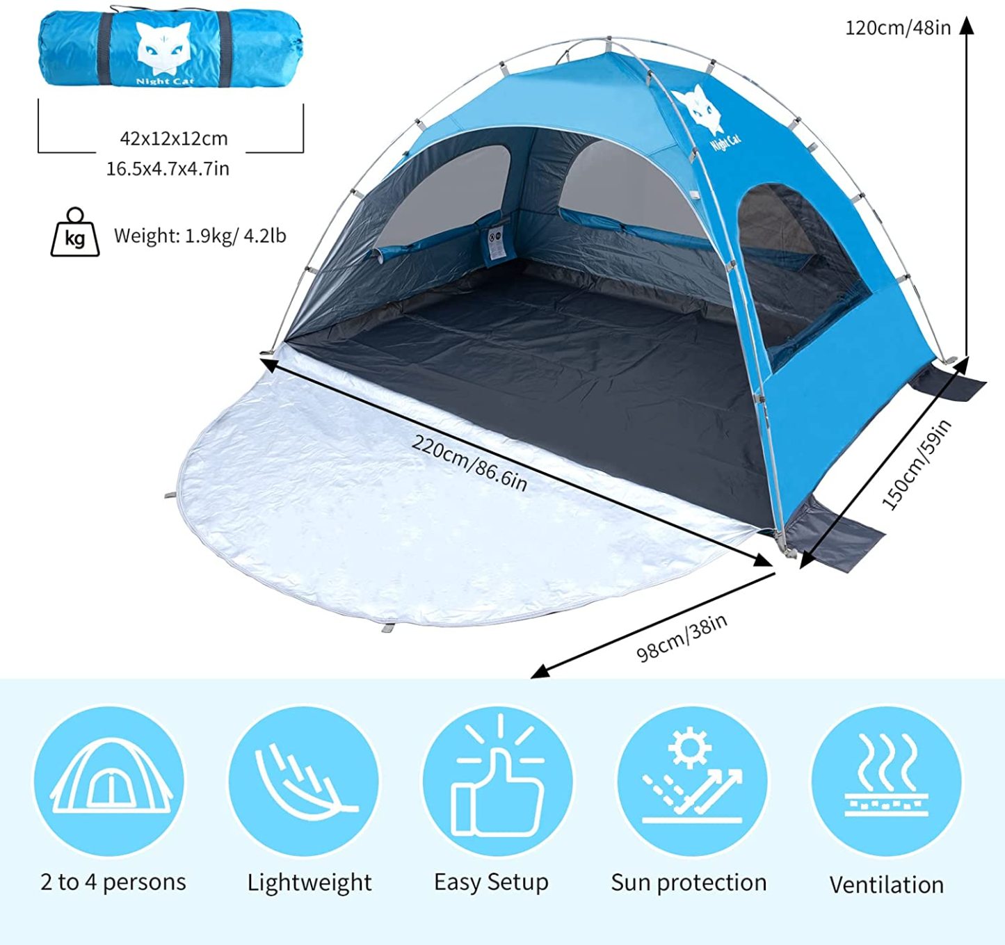Night Cat Beach Tent Portable Camping Sun Shade Shelter for 2-4 Persons with UV Protection